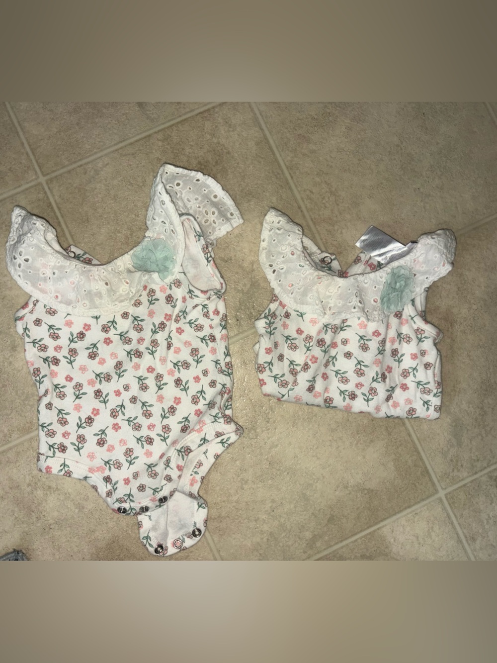 Twins set- Floral Baby Romper with Eyelet Ruffle - White/Pink